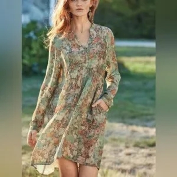Peruvian Connection Rayon Wellfleet Chemise Green Floral Print Mini Dress Tunic - Picture 1 of 11
